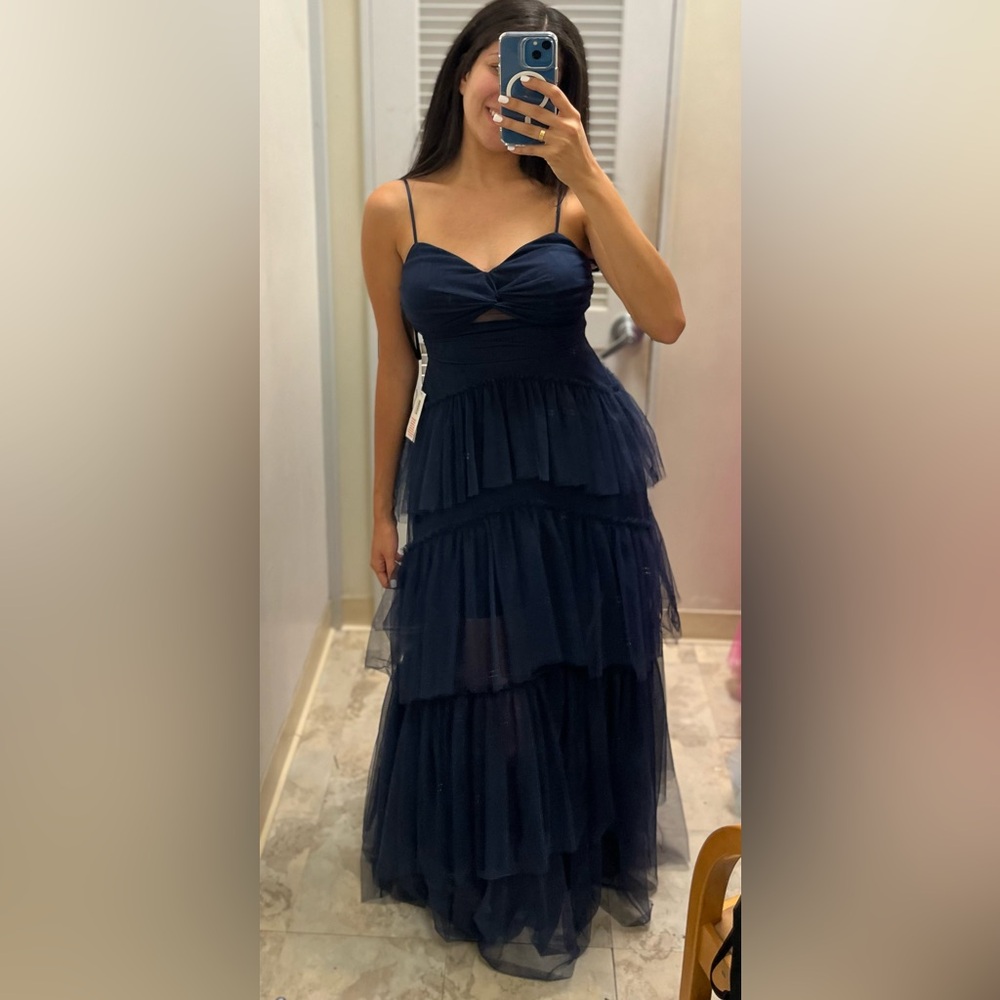 Twist Front Cut-Out Tiered Tulle Long Dress
